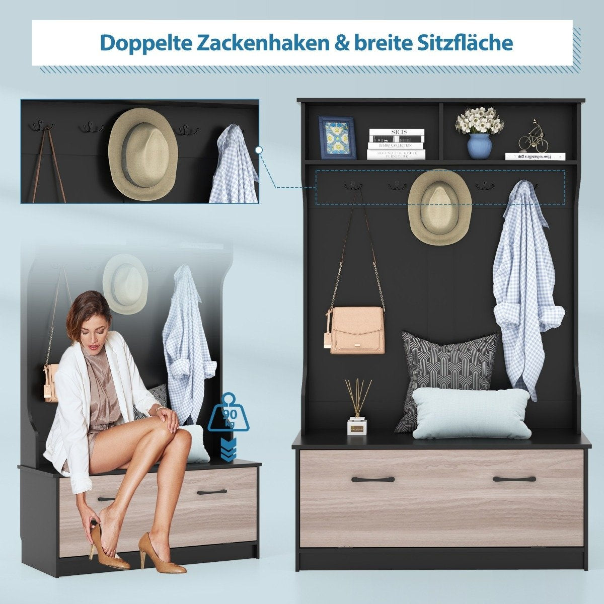 Coat stand with bench & 5 double hooks coat rack hallway coat rack 100 x 40 x 160 cm black