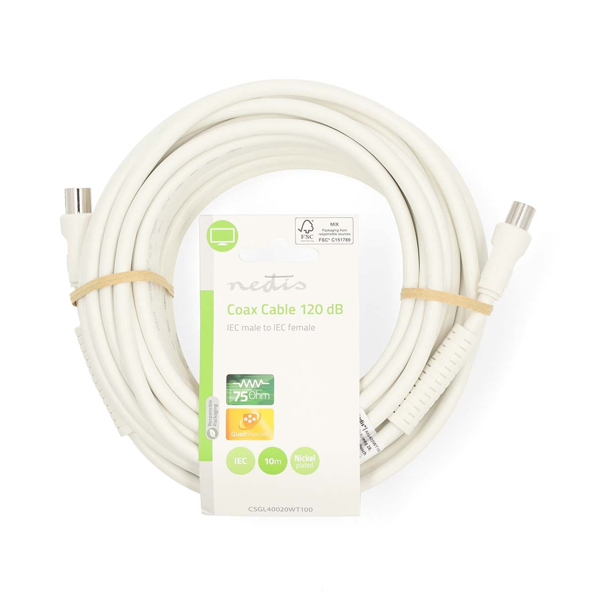 Coax Cable | IEC (Coax) Male | IEC (Coax) Female | Nickel Plated | 120 dB | 75 Ohm | Quad Shielded | 10.0 m | Round | PVC | White | Label