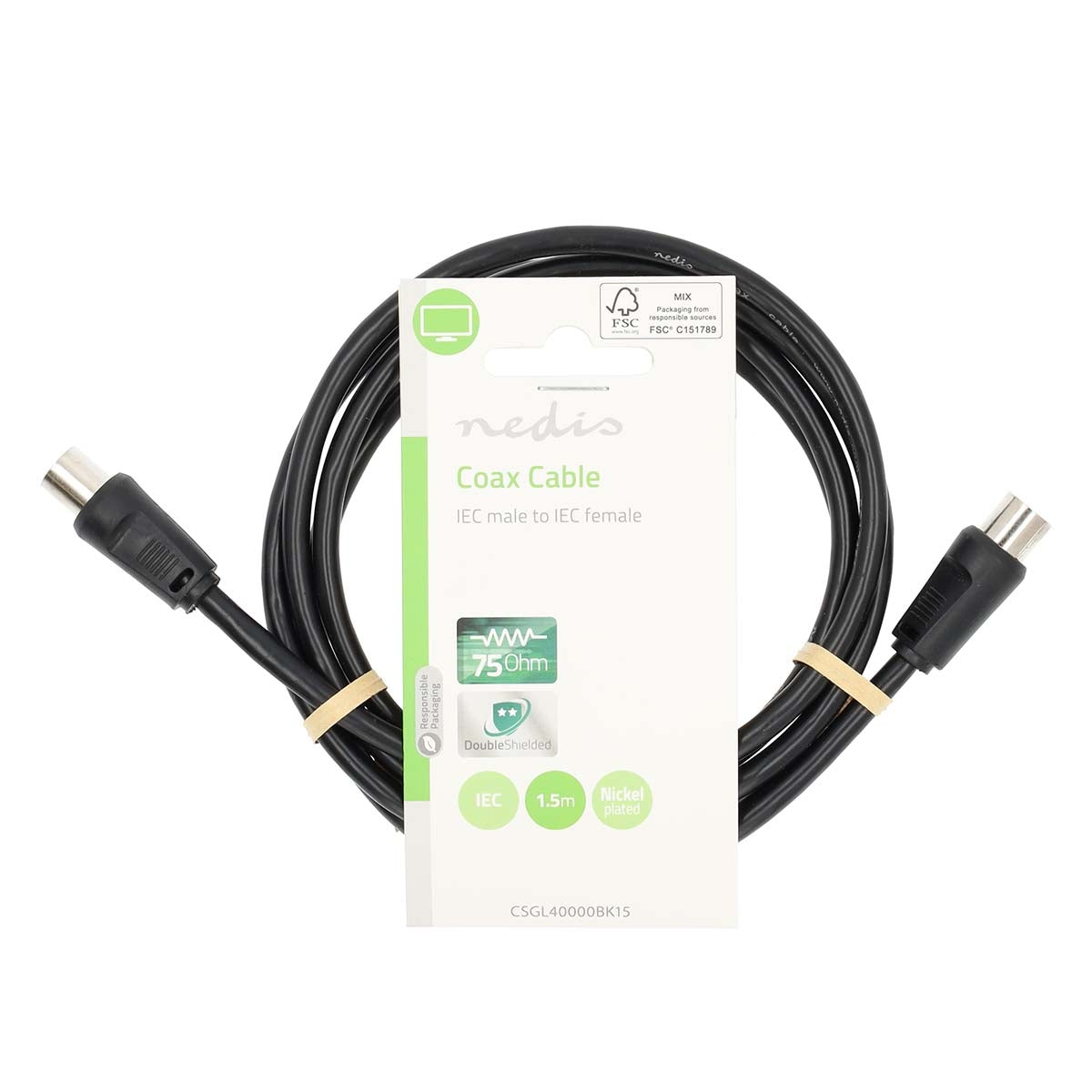 Coax Cable | IEC (Coax) Male | IEC (Coax) Female | Nickel Plated | 90 dB | 75 Ohm | Double Shielded | 1.50 m | Round | PVC | Black | Label