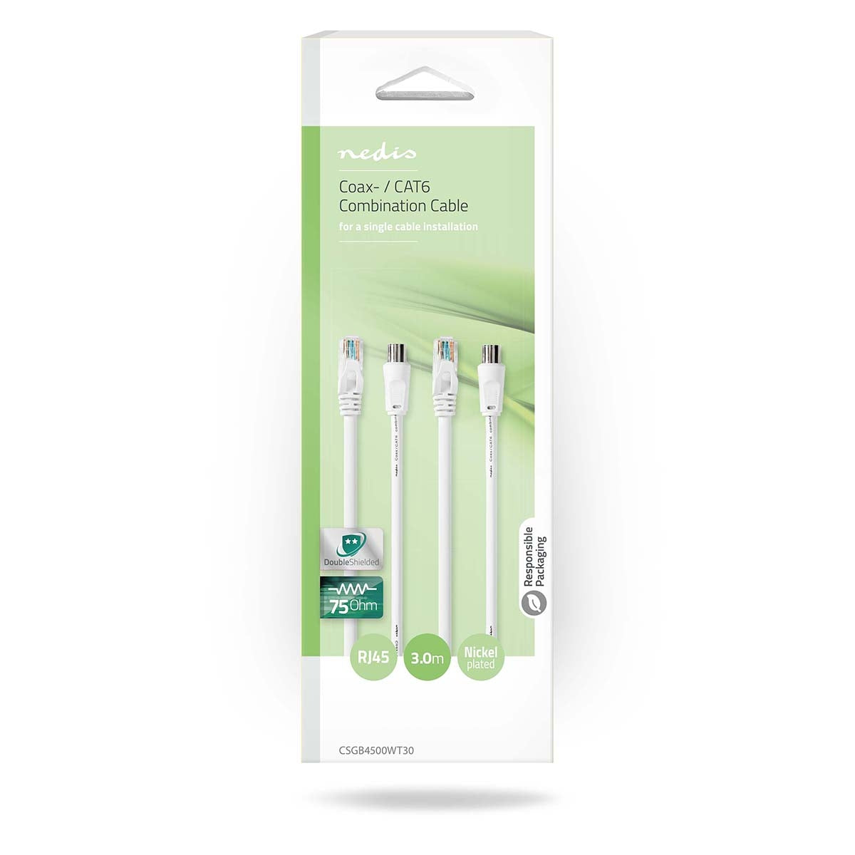 Coax & Cat6 Combi Cable | IEC (Coax) Male / RJ45 male | IEC (Coax) Female / RJ45 Male | Nickel Plated | RG58 | 75 Ohm | Double Shielded | 3.00 m | Round | PVC | White | Box