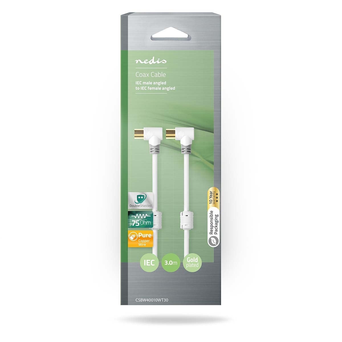 Coaxial cable | IEC (Coax) Male | IEC (Coax) Female | Gold Plated | 100dB | 75 Ohm | Double Shielded | 3.00 m | Round | PVC | White | Box