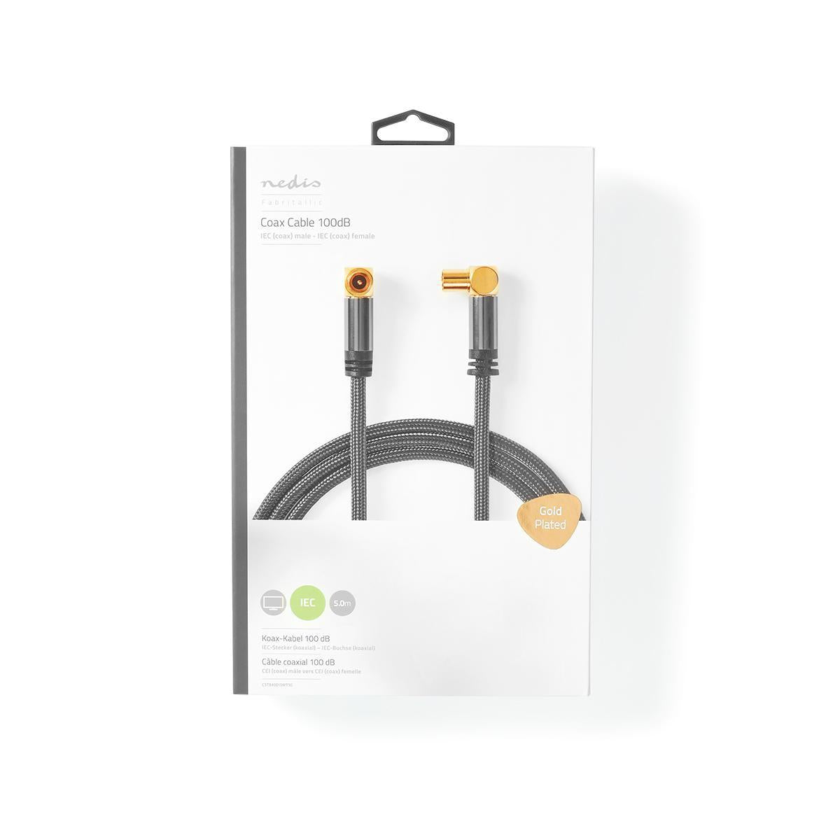 Coaxial cable | IEC (Coax) Male | IEC (Coax) Female | Gold Plated | 75 Ohm | Four Protections | 5.00 m | Round | Cotton | Gray / Gray With Metal | Carton with covered window