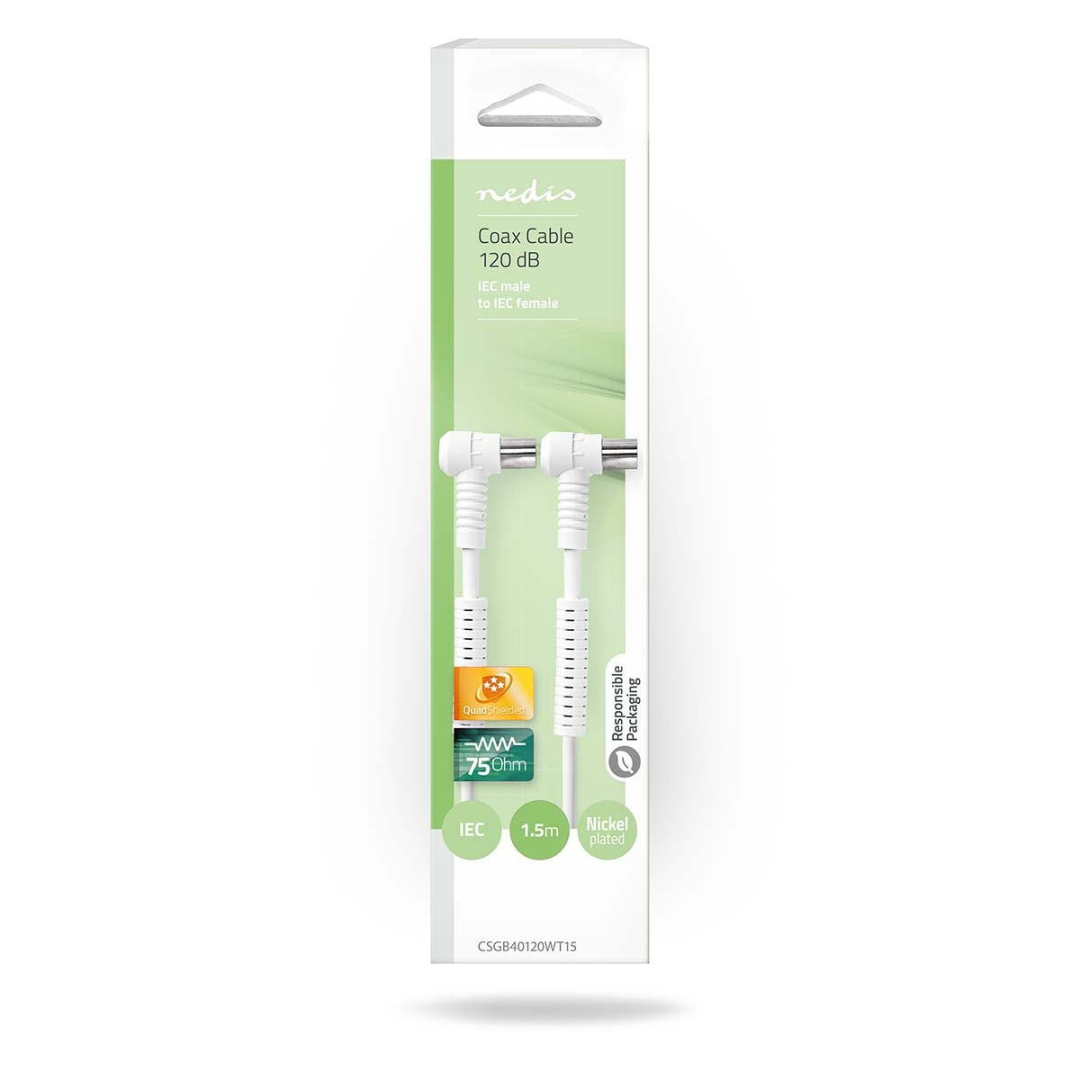 Coaxial cable | IEC (Coax) Male | IEC (Coax) Female | Nickel Plated | 120 dB| 75 Ohm | Four Protections | 1.50 m | Round | PVC | White | Box