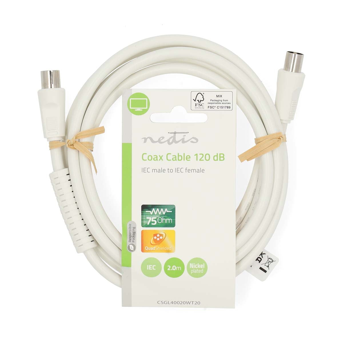 Coaxial cable | IEC (Coax) Male | IEC (Coax) Female | Nickel Plated | 120 dB| 75 Ohm | Four Protections | 2.00 m | Round | PVC | White | Label