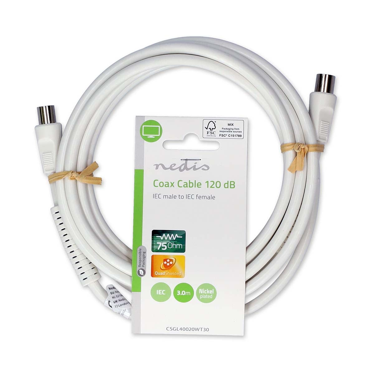 Coaxial cable | IEC (Coax) Male | IEC (Coax) Female | Nickel Plated | 120 dB| 75 Ohm | Four Protections | 3.00 m | Round | PVC | White | Label