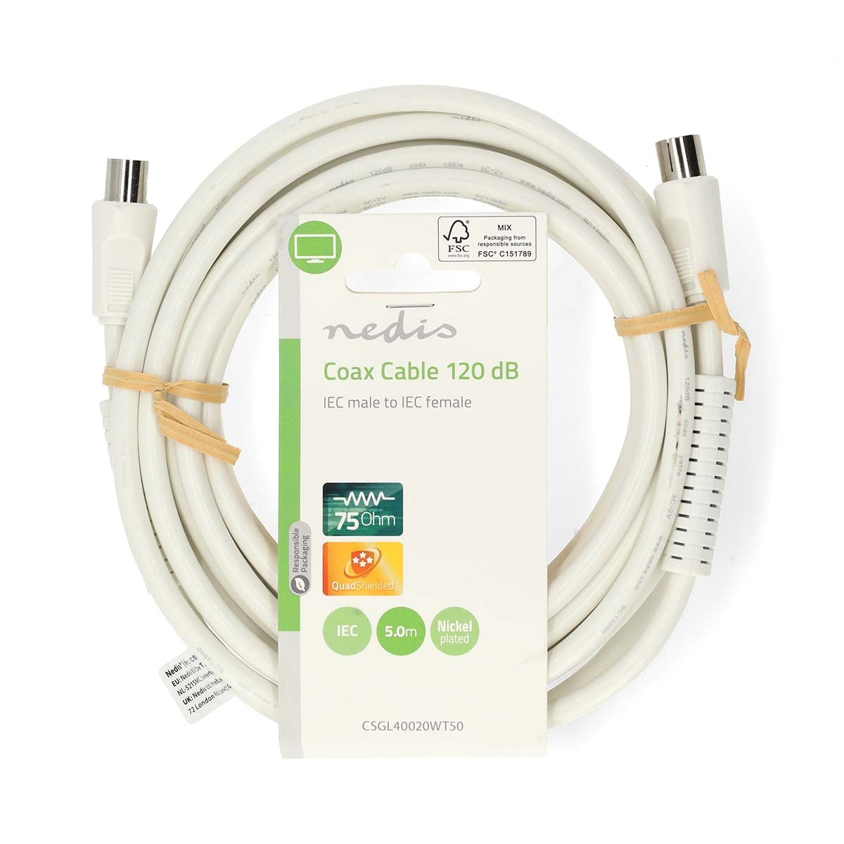 Coaxial cable | IEC (Coax) Male | IEC (Coax) Female | Nickel Plated | 120 dB| 75 Ohm | Four Protections | 5.00 m | Round | PVC | White | Label
