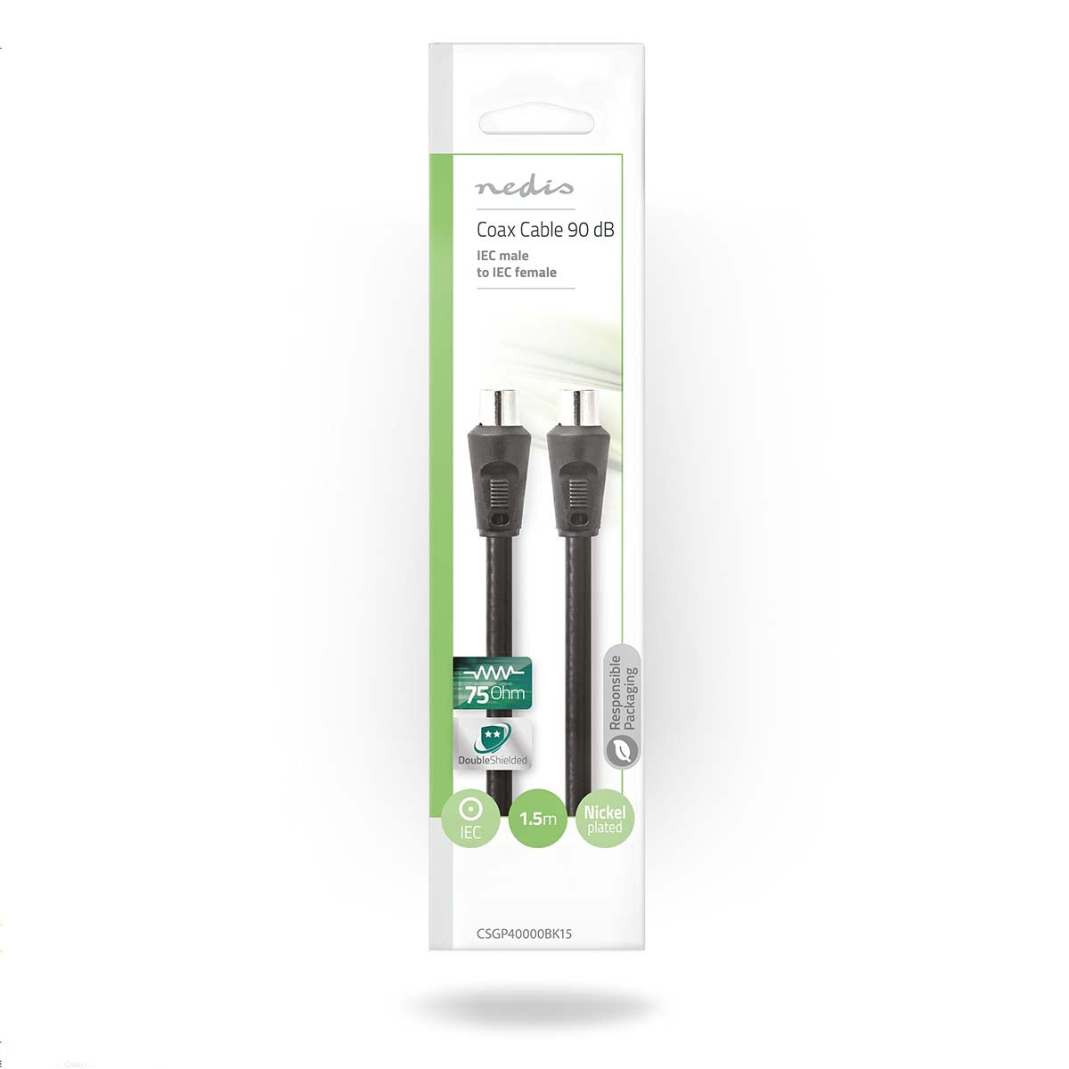 Coaxial cable | IEC (Coax) Male | IEC (Coax) Female | Nickel Plated | 90 dB| 75 Ohm | Double Shielded | 1.50 m | Round | PVC | Black | Envelope