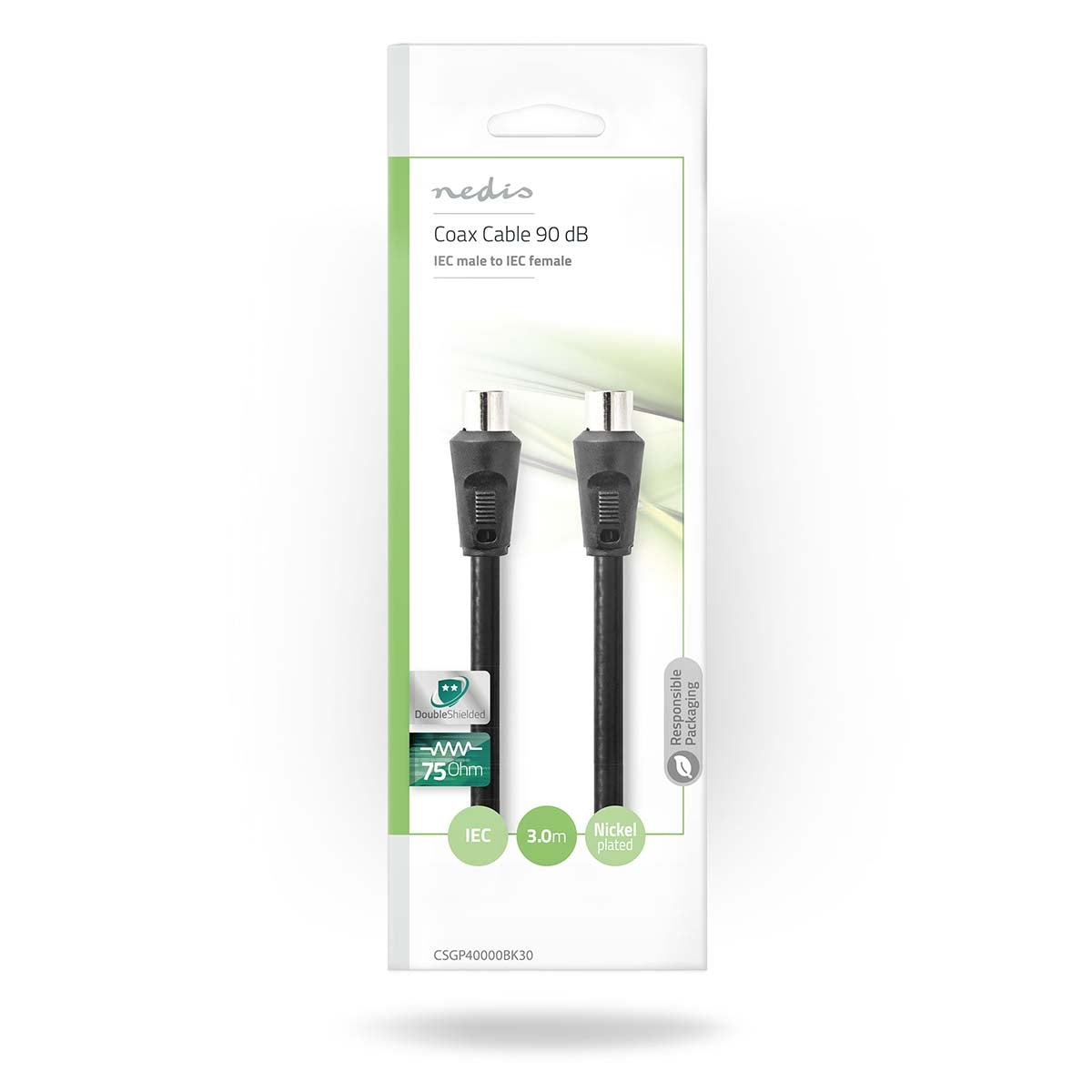 Coaxial cable | IEC (Coax) Male | IEC (Coax) Female | Nickel Plated | 90 dB| 75 Ohm | Double Shielded | 3.00 m | Round | PVC | Black | Envelope