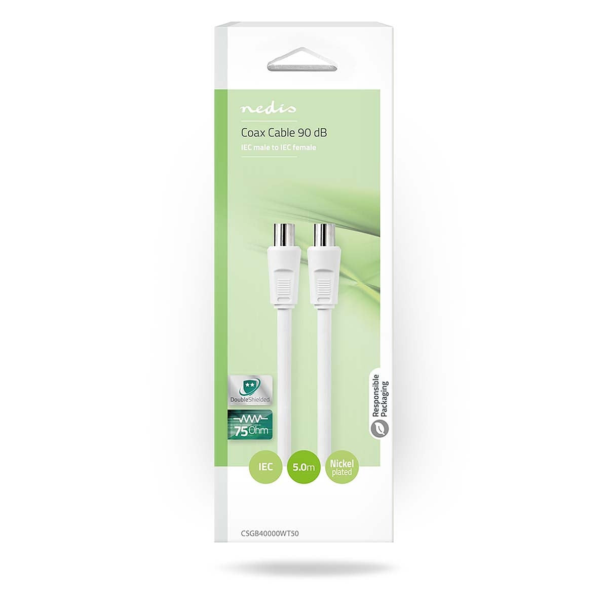 Coaxial cable | IEC (Coax) Male | IEC (Coax) Female | Nickel Plated | 90 dB| 75 Ohm | Double Shielded | 5.00 m | Round | PVC | White | Box