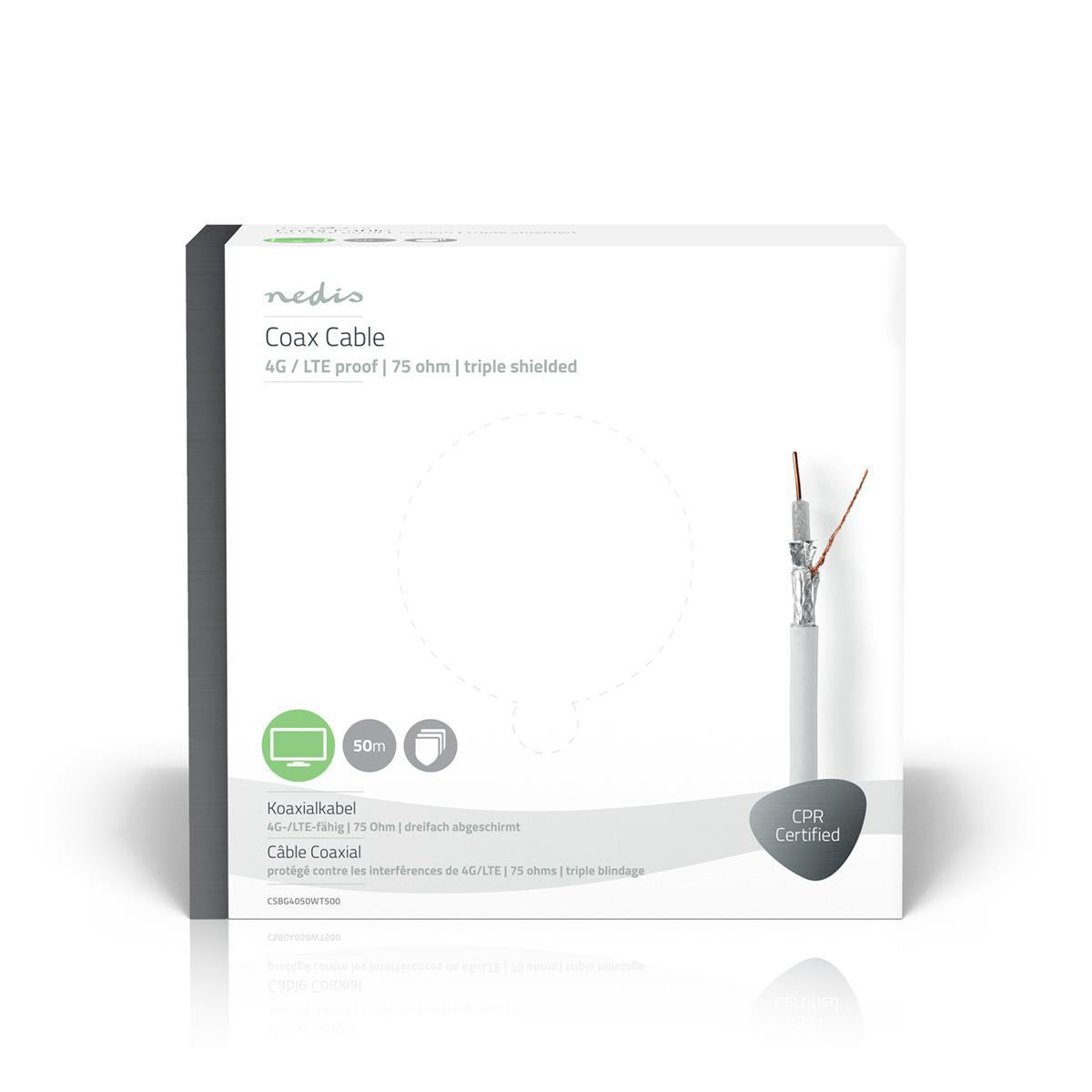 Coaxial cable on Bobin | 4G / LTE secure | 75 Ohm | Triple Protected | ECA | 50.0 m | Coax | PVC | White | Gift box