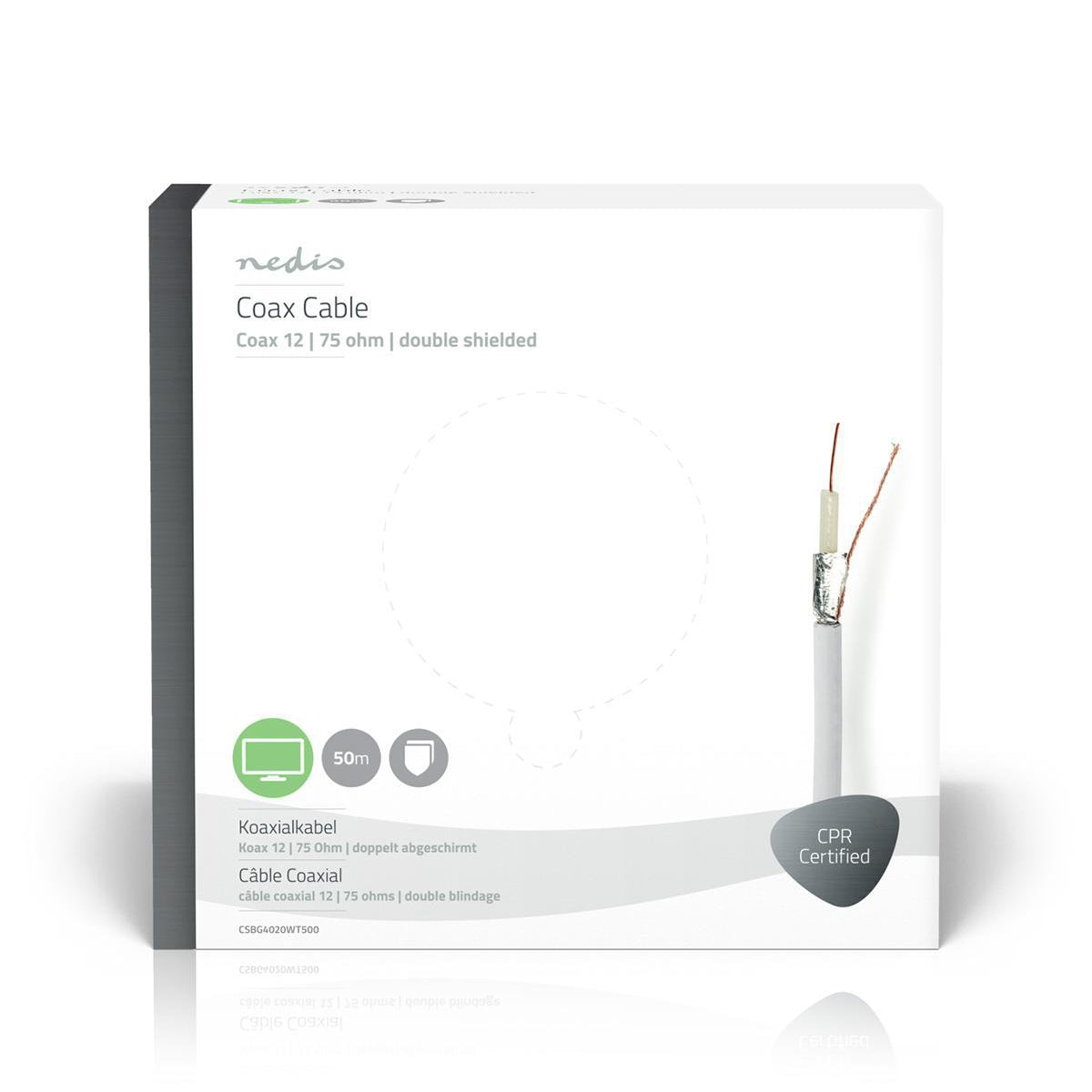 Coaxial cable on Bobin | Coax 12 | 75 Ohm | Double Shielded | ECA | 50.0 m | Coax | PVC | White | Gift box