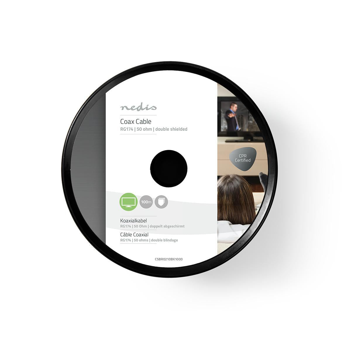 Coaxial cable on Bobin | RG174 | 50 Ohm | Single shell protection | ECA | 100.0 m | Coax | PVC | Black | Roll