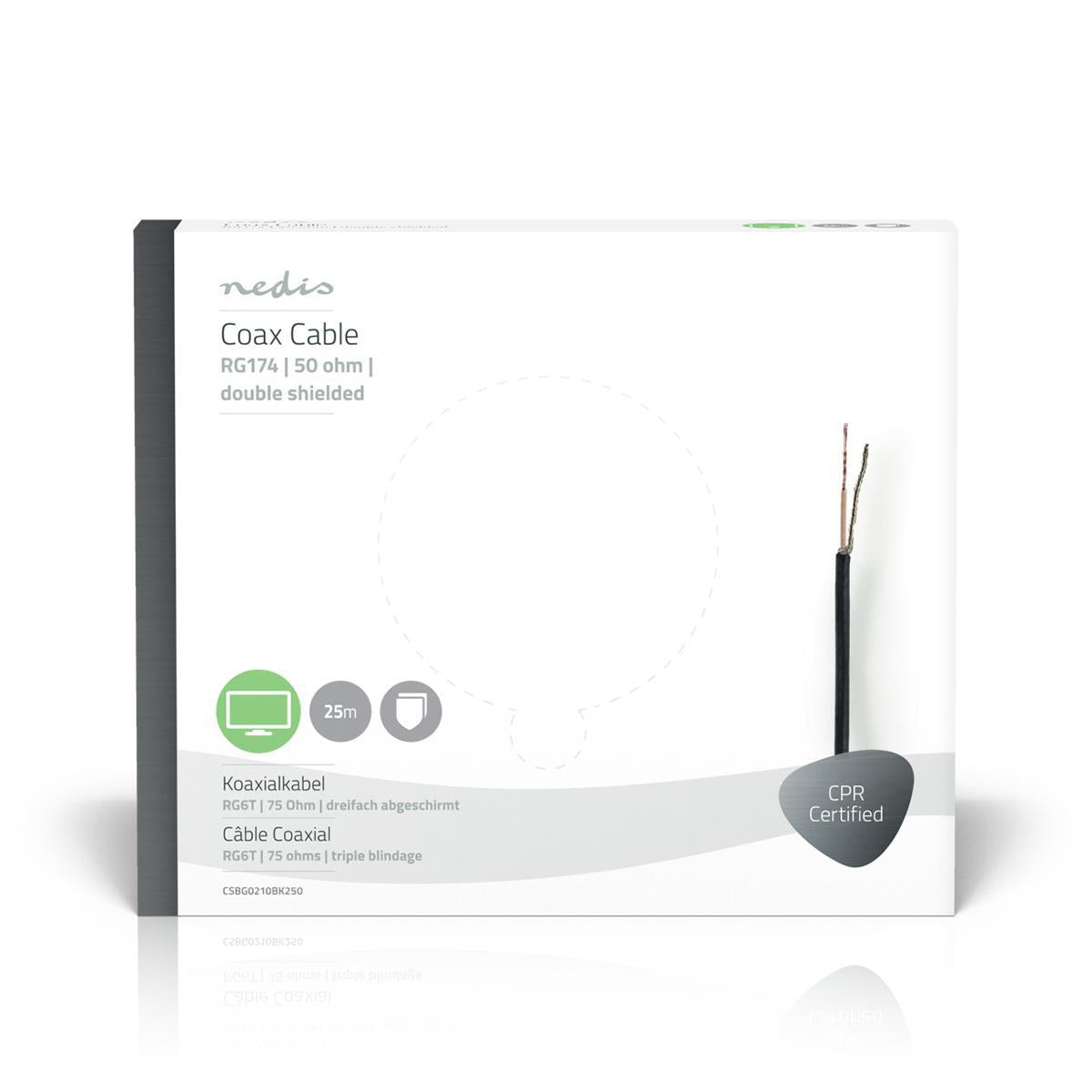 Coaxial cable on Bobin | RG174 | 50 Ohm | Single shell protection | ECA | 25.0 m | Coax | PVC | Black | Gift box