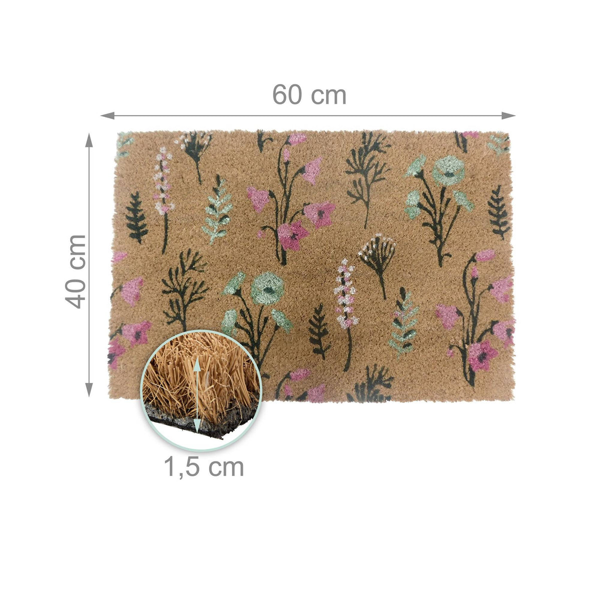 Coconut Doormat, Botanical Design, 60 x 40 cm