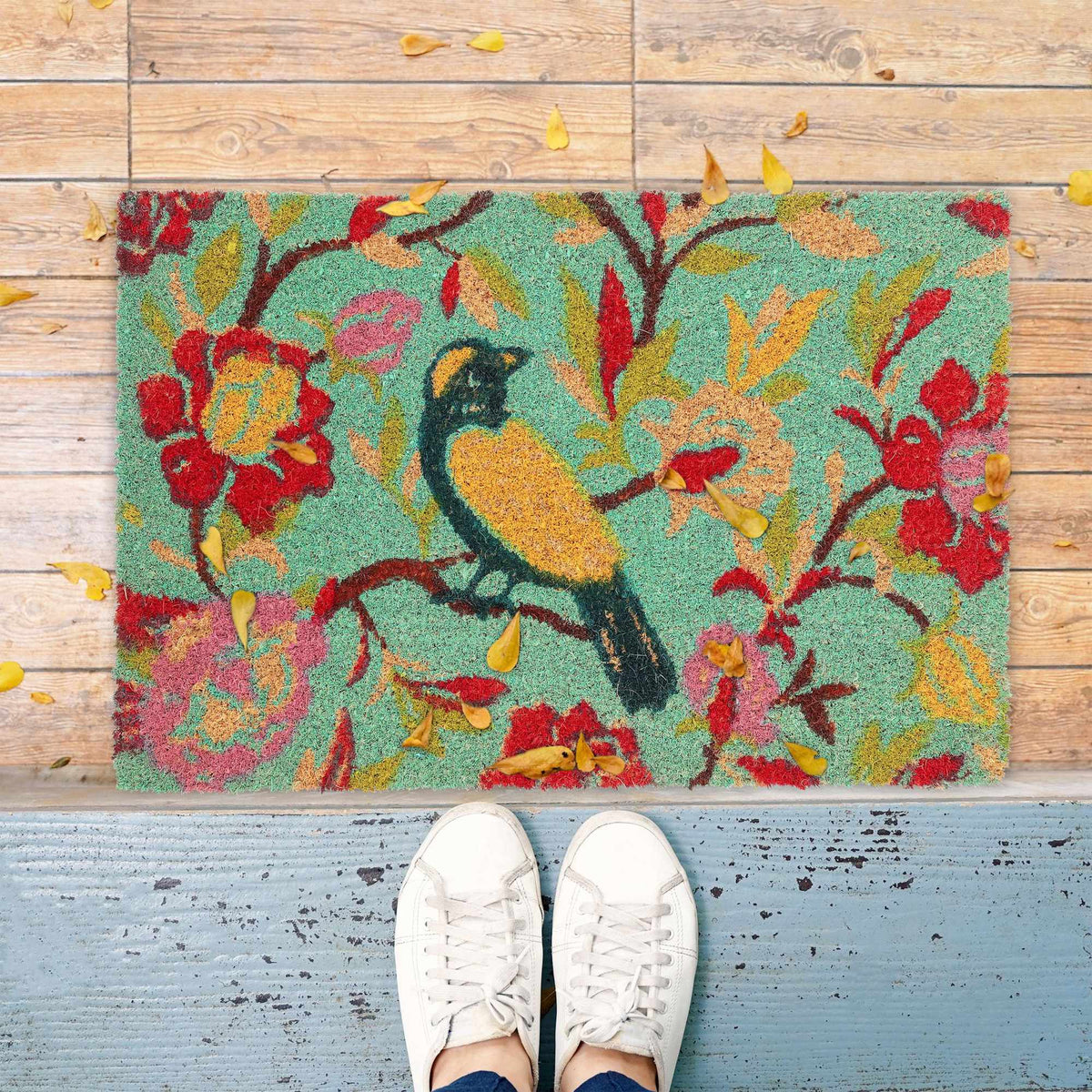 Coconut fiber doormat with bird motif