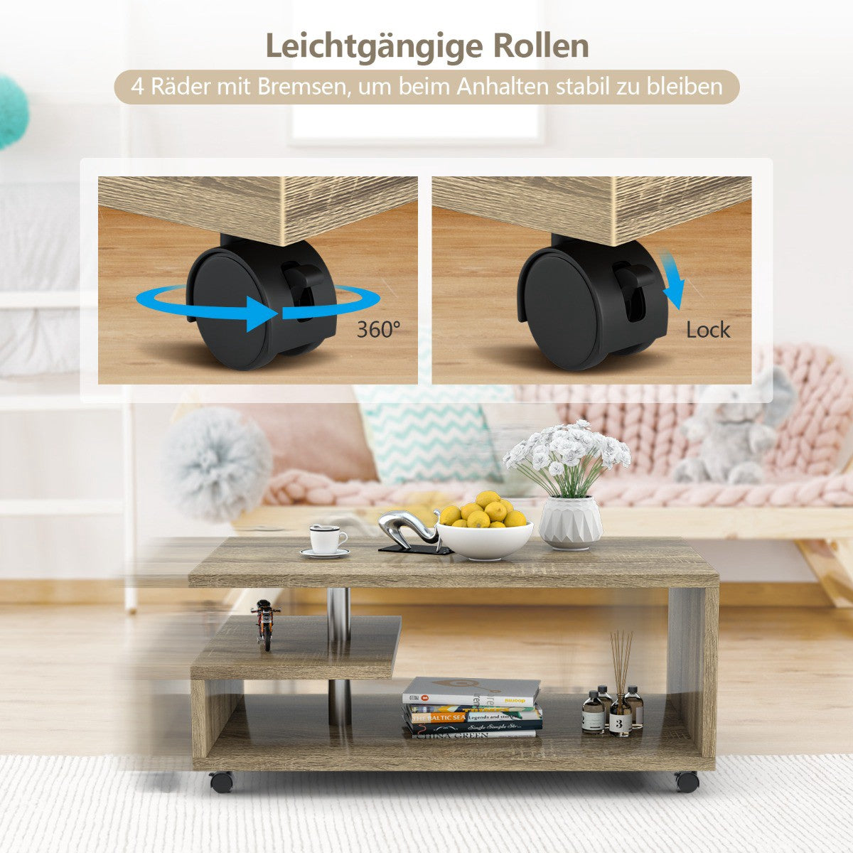 Coffee Table 105x60x46 cm, 2 Shelves, Locking Castors