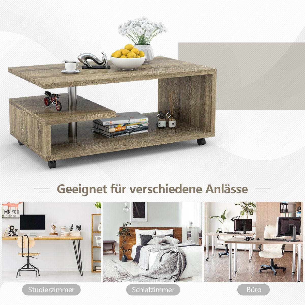 Coffee Table 105x60x46 cm, 2 Shelves, Locking Castors
