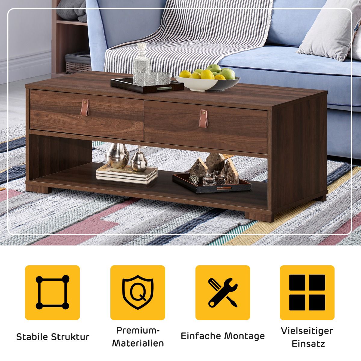 Coffee Table, 2 Drawers and Open Shelf, Walnut Black