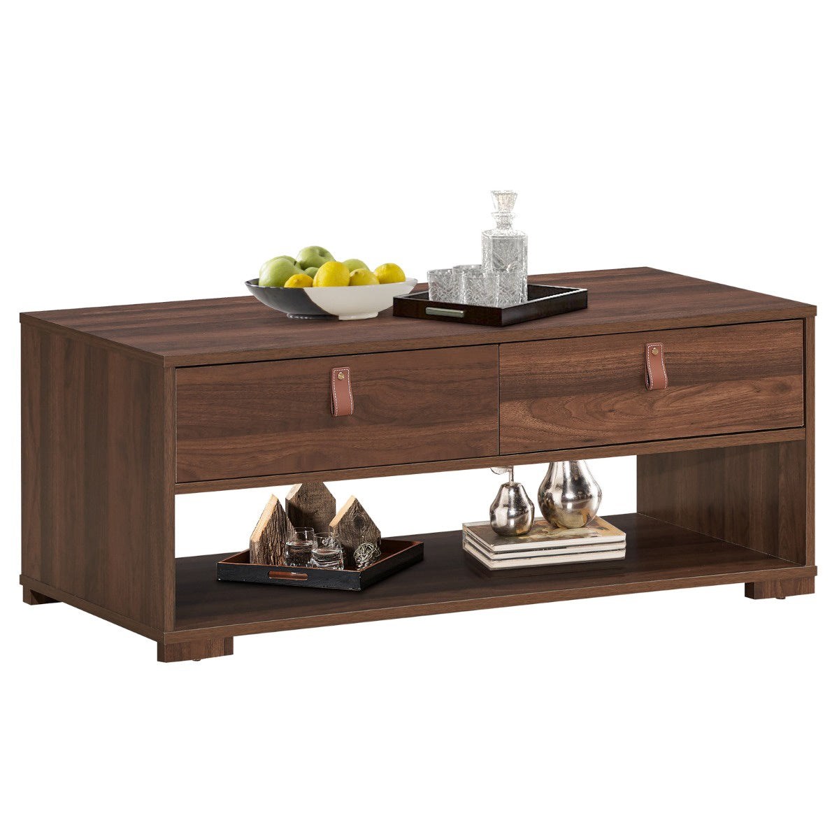 Coffee Table, 2 Drawers and Open Shelf, Walnut Black