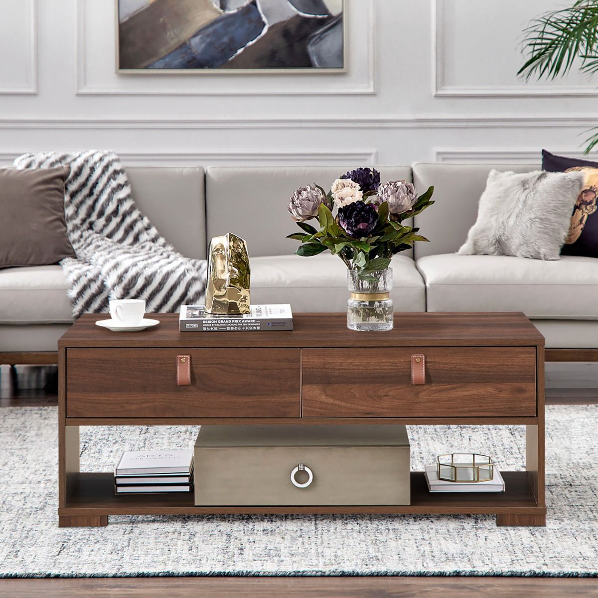 Coffee Table, 2 Drawers and Open Shelf, Walnut Black