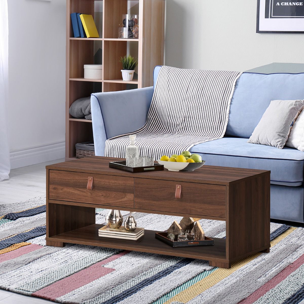 Coffee Table, 2 Drawers and Open Shelf, Walnut Black