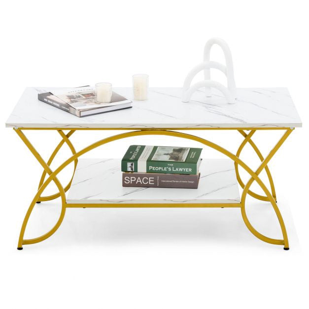 Coffee Table, 2-Tier Faux Marble Top, Gold Metal Frame