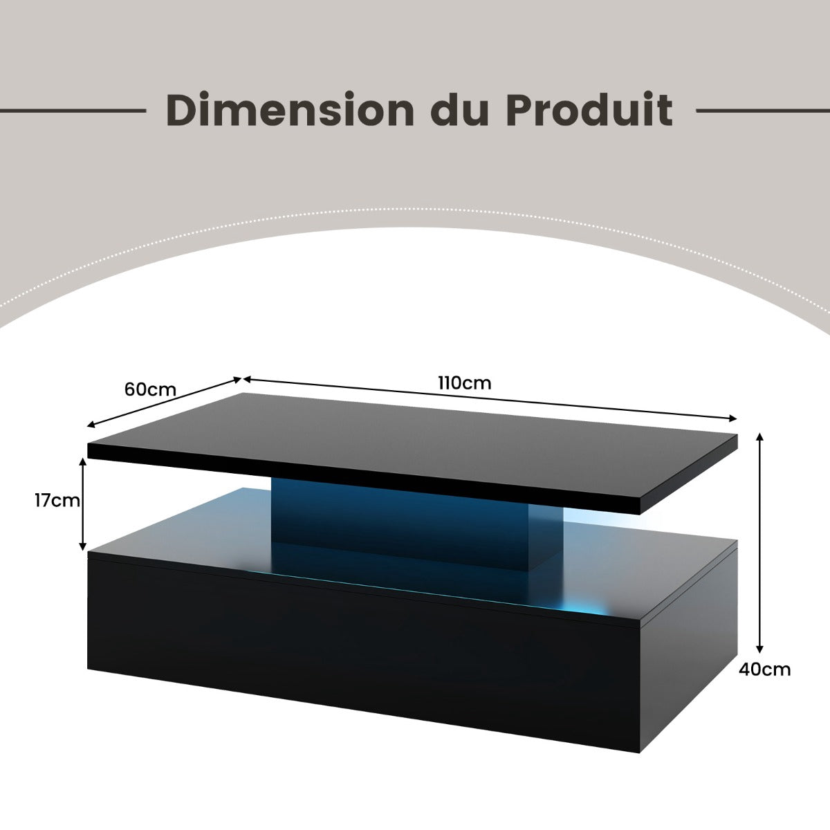 Coffee Table, 2-Tier LED Lights, Remote, Glossy Black, 110x60cm