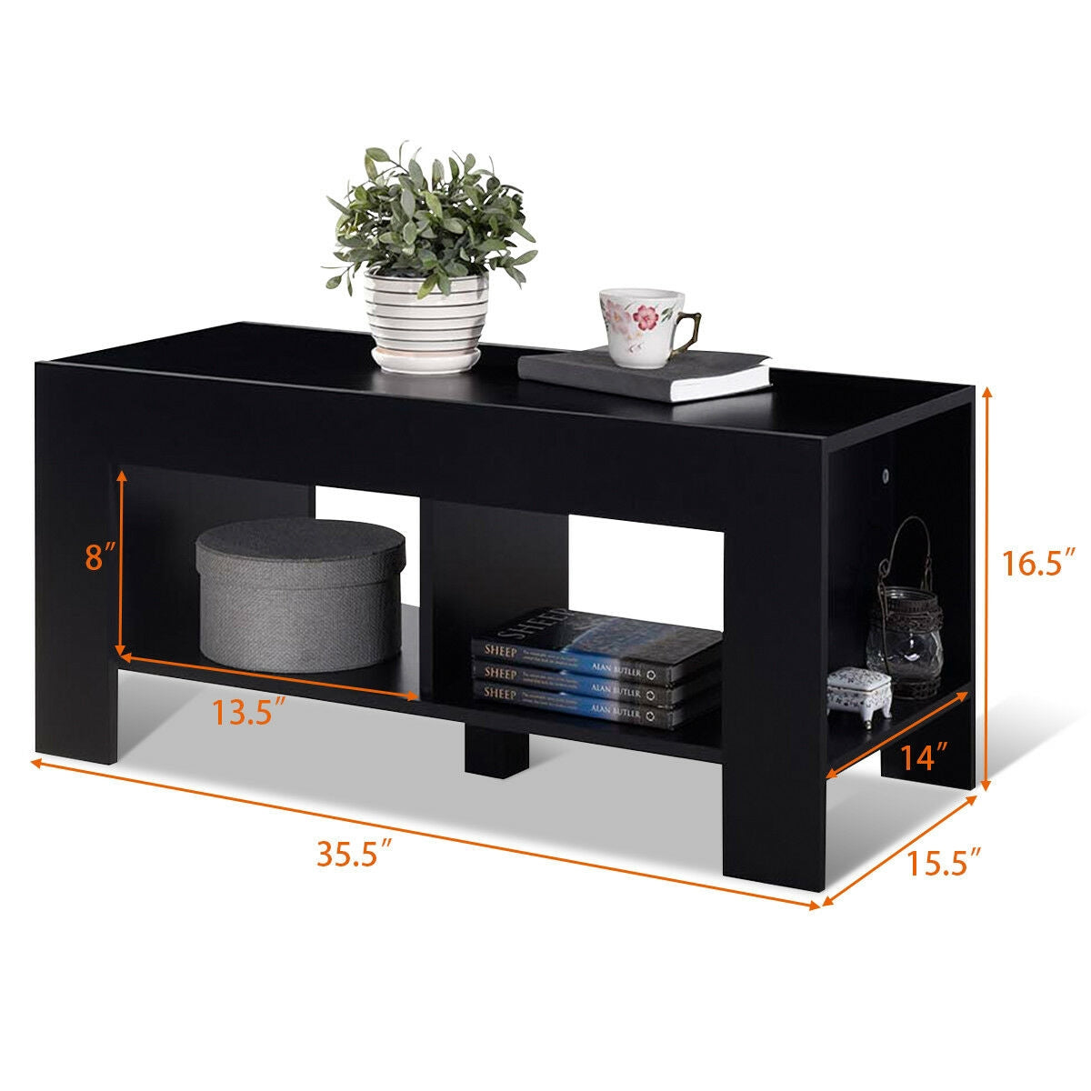 Coffee Table, 2-Tier Wood with Storage Shelf, Black
