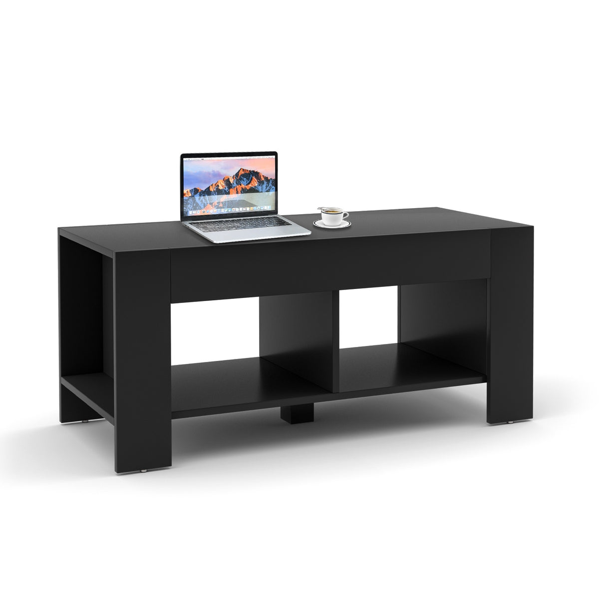 Coffee Table, 2-Tier Wood with Storage Shelf, Black