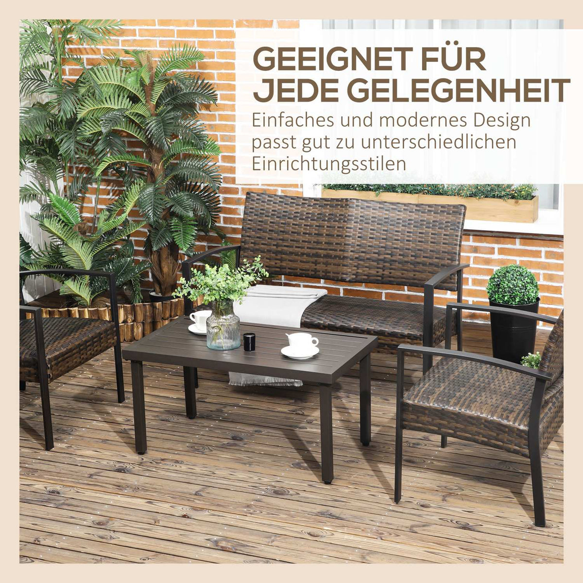 Coffee Table, Garden Table With Wood Look, Rectangular Coffee Table, Garden Table For Balcony, Patio, Steel, Brown, 91 X 51 X 46 Cm