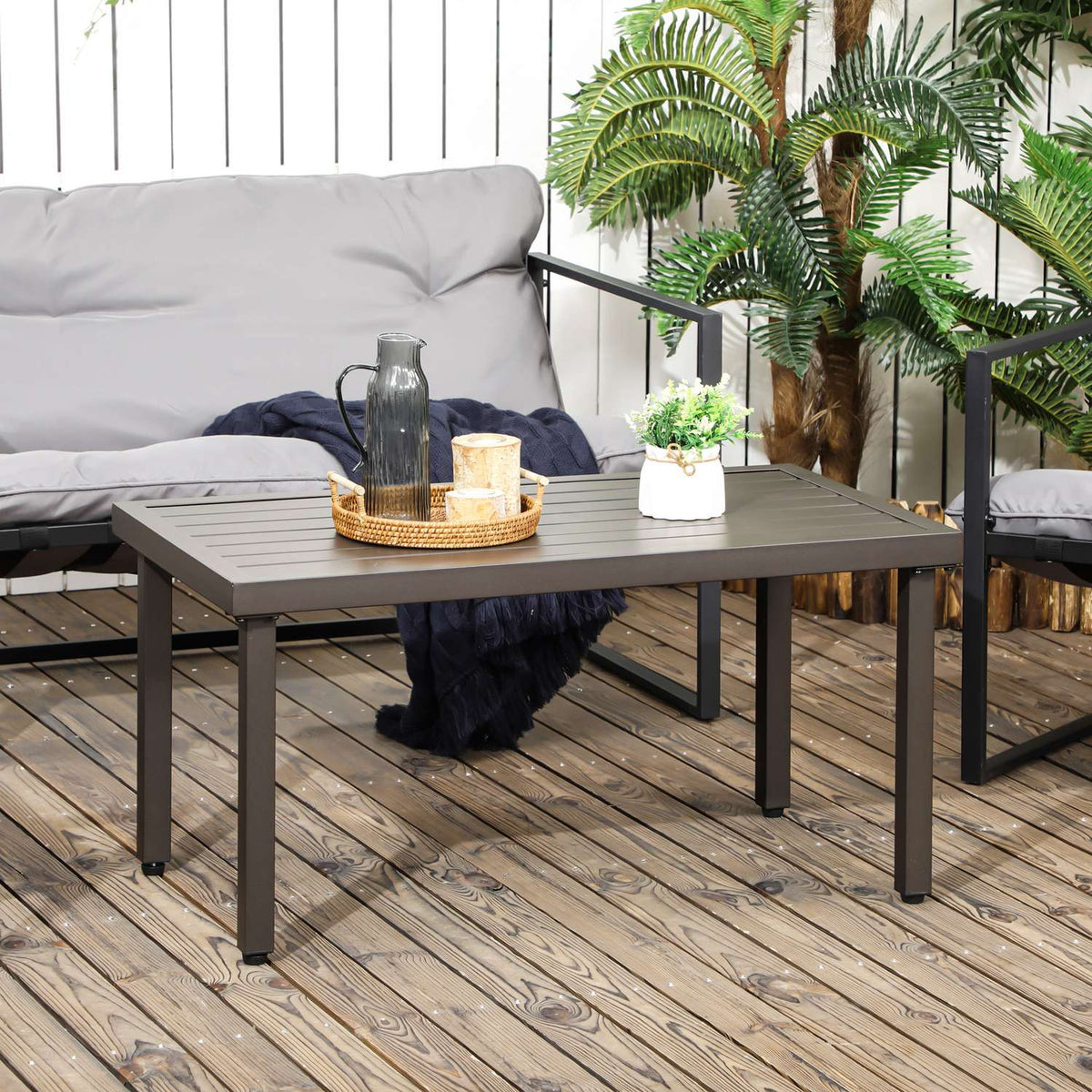 Coffee Table, Garden Table With Wood Look, Rectangular Coffee Table, Garden Table For Balcony, Patio, Steel, Brown, 91 X 51 X 46 Cm