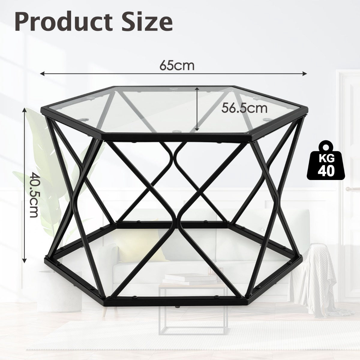 Coffee Table, Hexagon Tempered Glass Top, Metal Legs