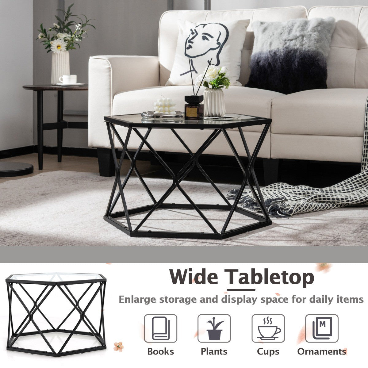 Coffee Table, Hexagon Tempered Glass Top, Metal Legs