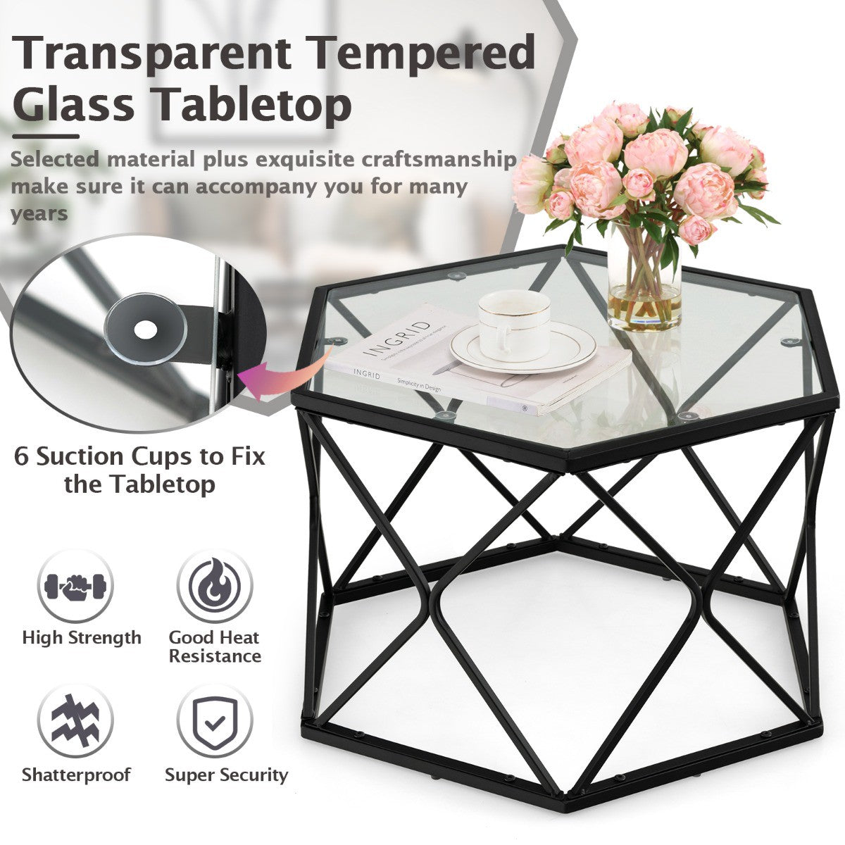 Coffee Table, Hexagon Tempered Glass Top, Metal Legs