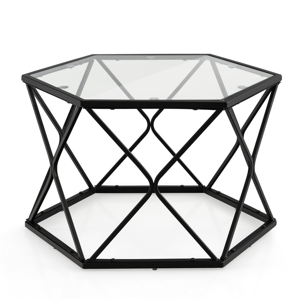 Coffee Table, Hexagon Tempered Glass Top, Metal Legs