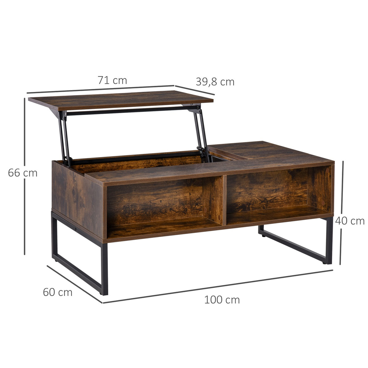 Coffee Table, Living Room Table With Height-Adjustable Top, Chipboard, Brown, 100X60X40Cm
