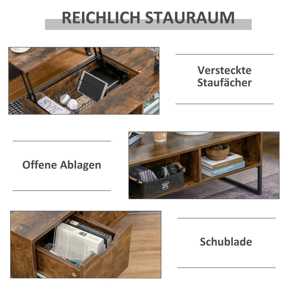 Coffee Table, Living Room Table With Height-Adjustable Top, Chipboard, Brown, 100X60X40Cm