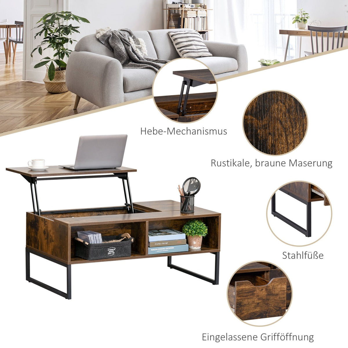 Coffee Table, Living Room Table With Height-Adjustable Top, Chipboard, Brown, 100X60X40Cm