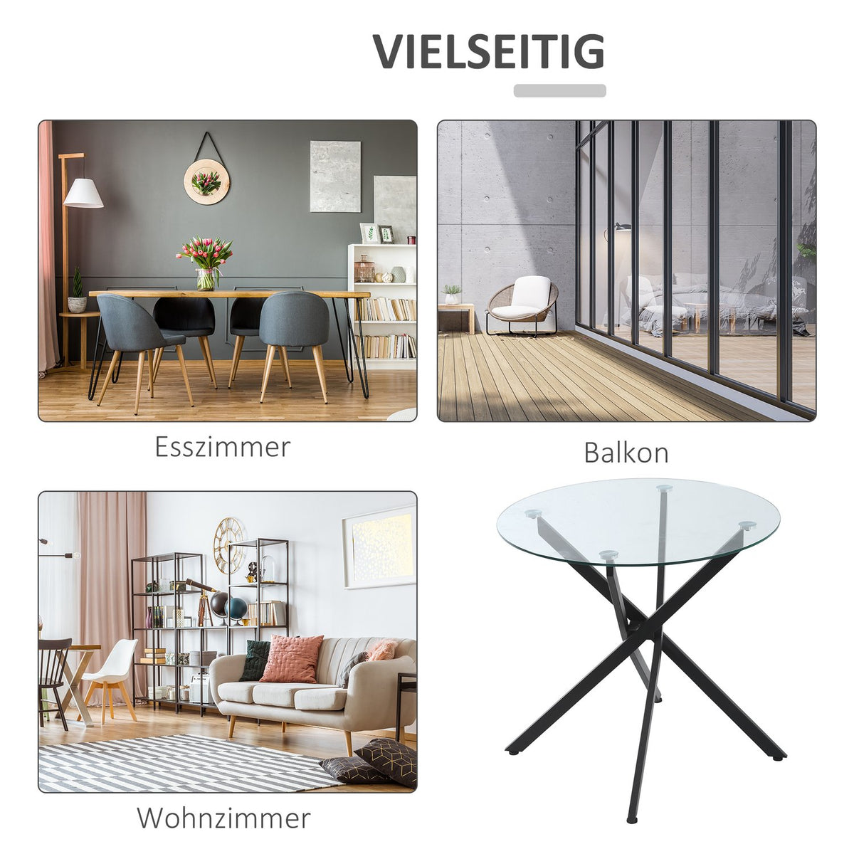 Coffee Table Round Glass Table, Black, Side Table With Safety Glass & Metal Frame, 80X80X75 Cm