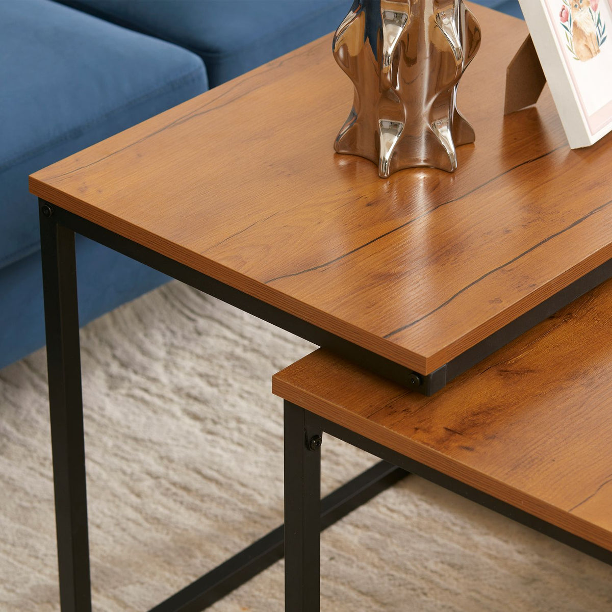 Coffee Table Set Of 2, Side Table With 2 Levels In Industrial Design, Living Room Table For Office, Steel, Natural