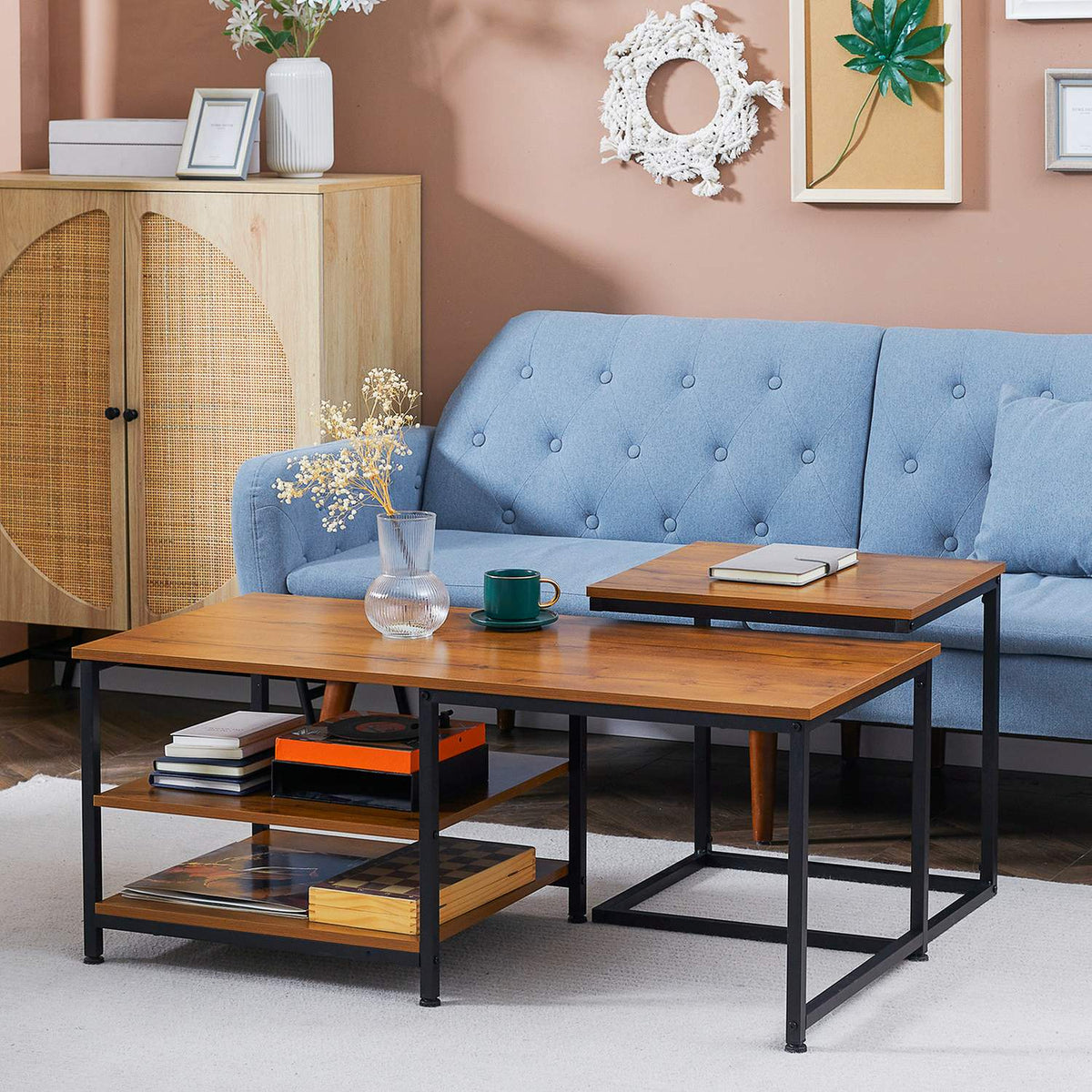 Coffee Table Set Of 2, Side Table With 2 Levels In Industrial Design, Living Room Table For Office, Steel, Natural