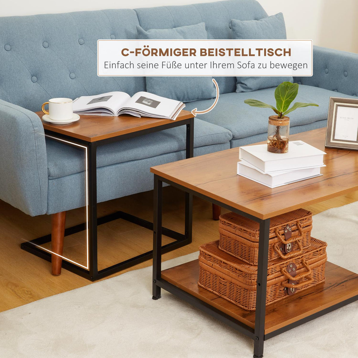 Coffee Table Set Of 2, Side Table With 2 Levels In Industrial Design, Living Room Table For Office, Steel, Natural