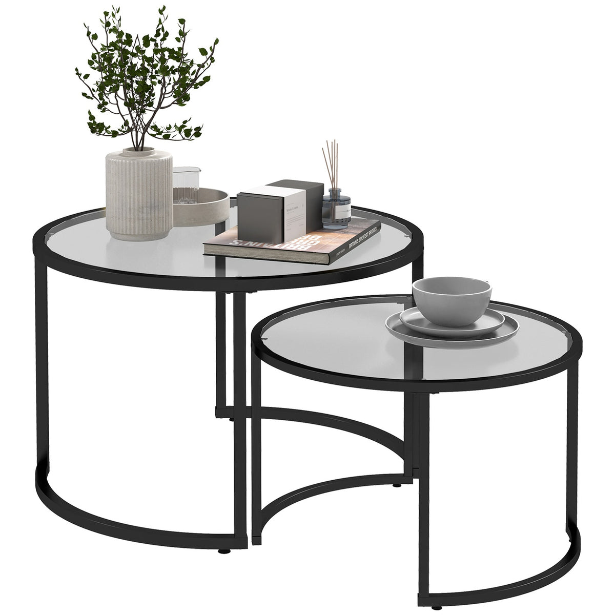 Coffee Table Set Of 2, Side Table With Black Steel Frame, Sofa Table, Coffee Table With Tempered Glass Table Top, Partially Stackable