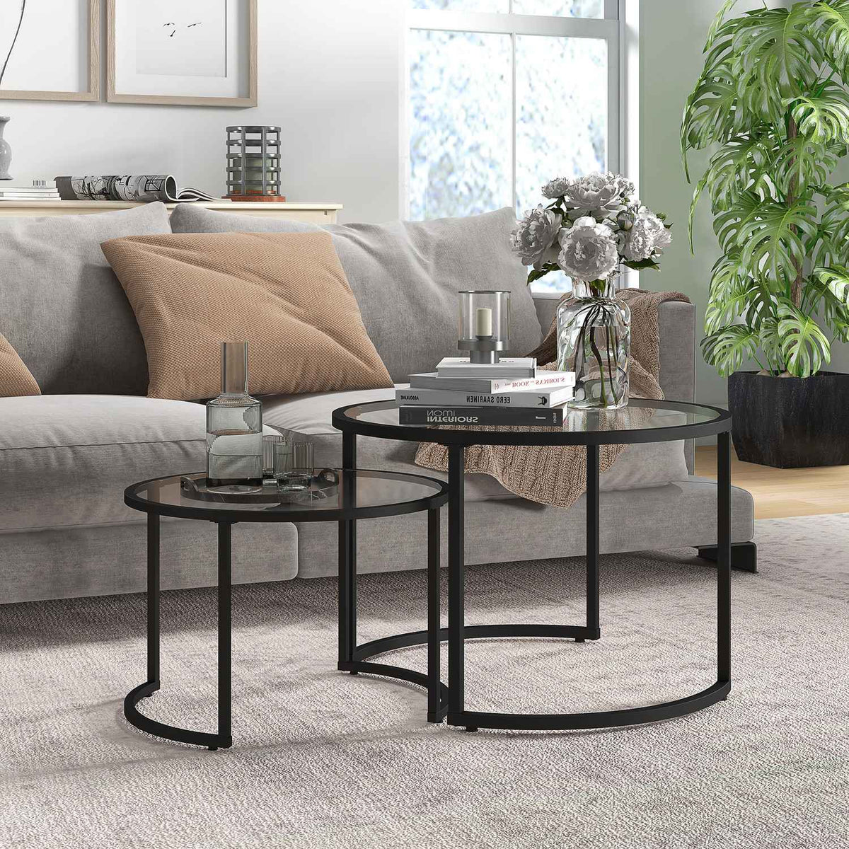 Coffee Table Set Of 2, Side Table With Black Steel Frame, Sofa Table, Coffee Table With Tempered Glass Table Top, Partially Stackable