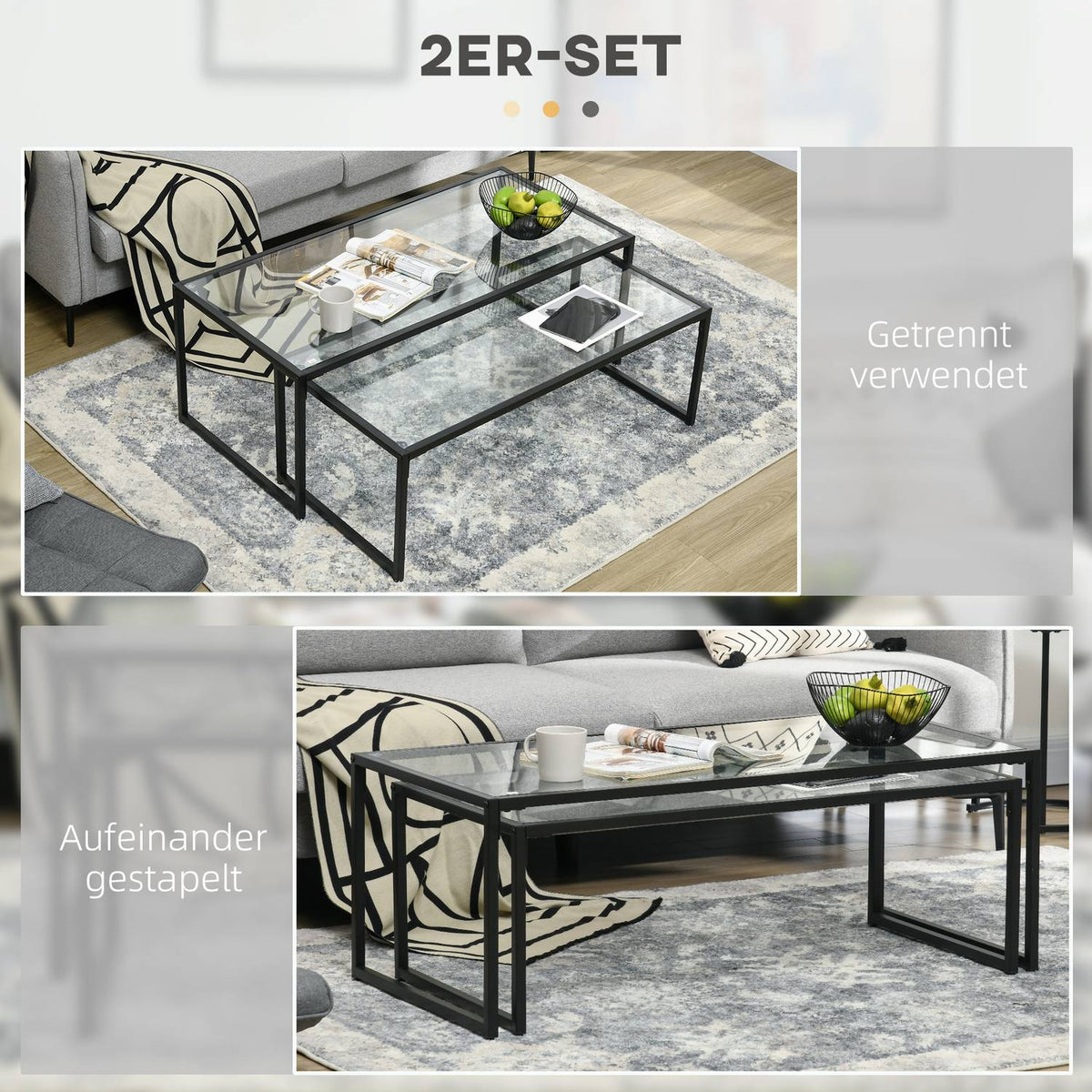 Coffee Table Set Of 2 Side Tables, Coffee Table, Nesting Table, Glass Table, Sofa Table, Living Room Table For Bedroom, Steel, Black