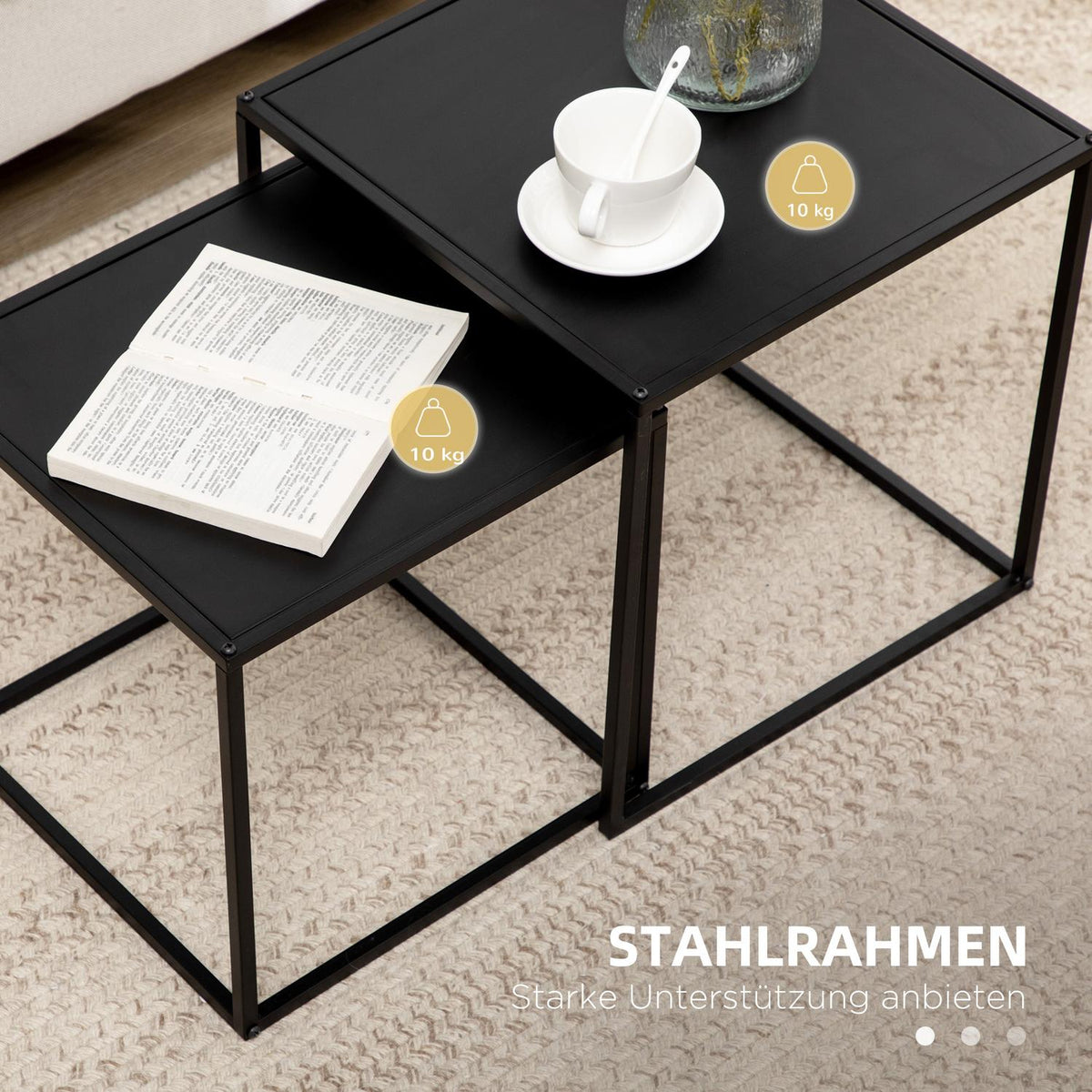 Coffee Table Set Of 2 Side Tables In A Modern Design, Steel Frame, Up To 10 Kg, Black, 120X59X45Cm