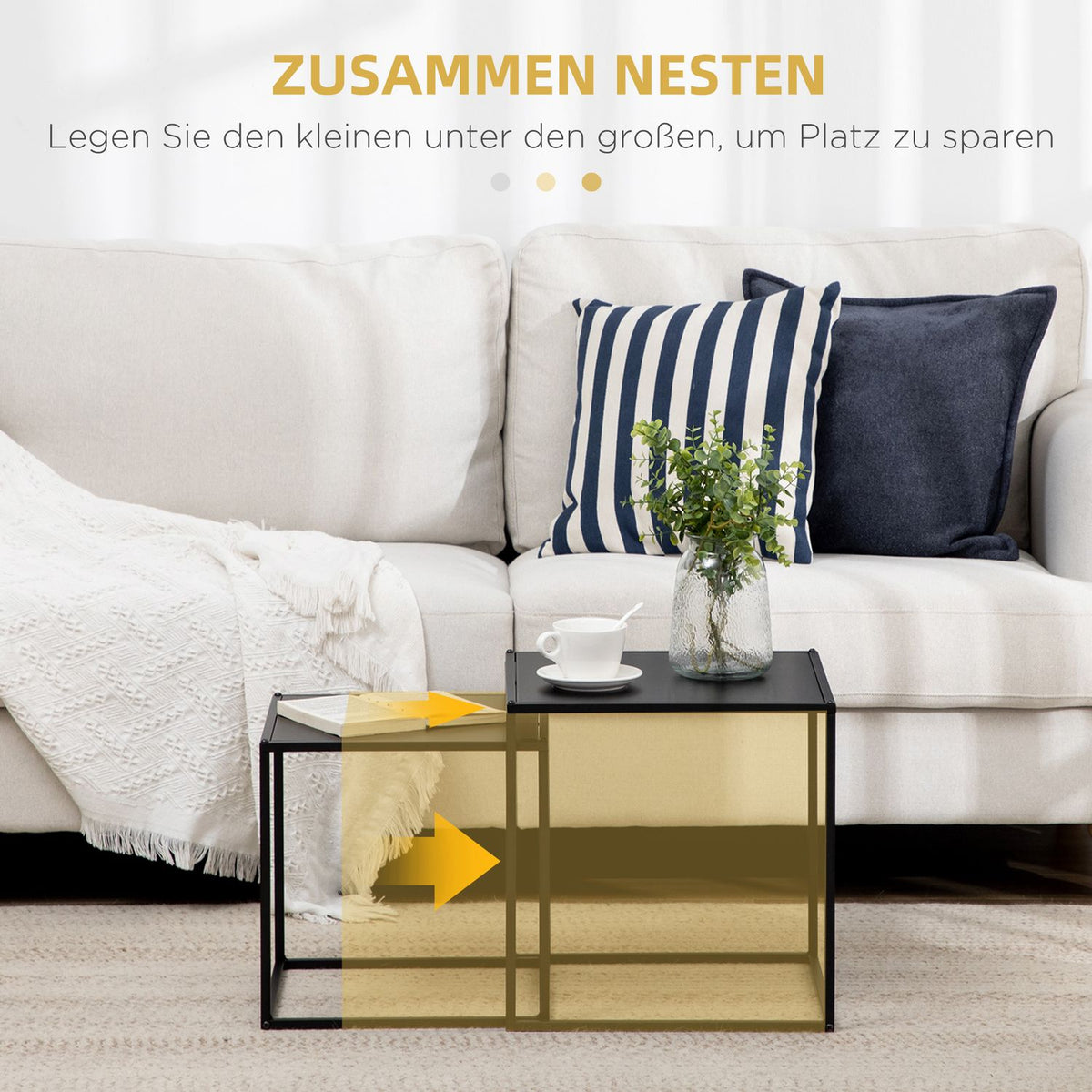 Coffee Table Set Of 2 Side Tables In A Modern Design, Steel Frame, Up To 10 Kg, Black, 120X59X45Cm