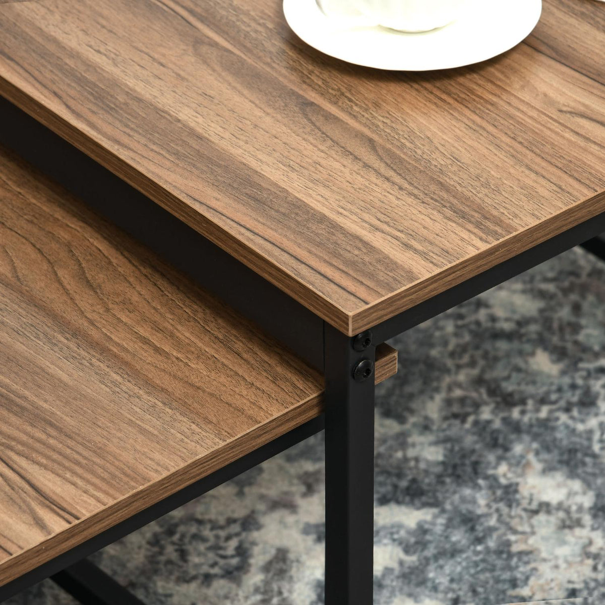 Coffee Table Set Of 2 Side Tables In Industrial Design, Living Room Table With Wood Look, Steel, Natural