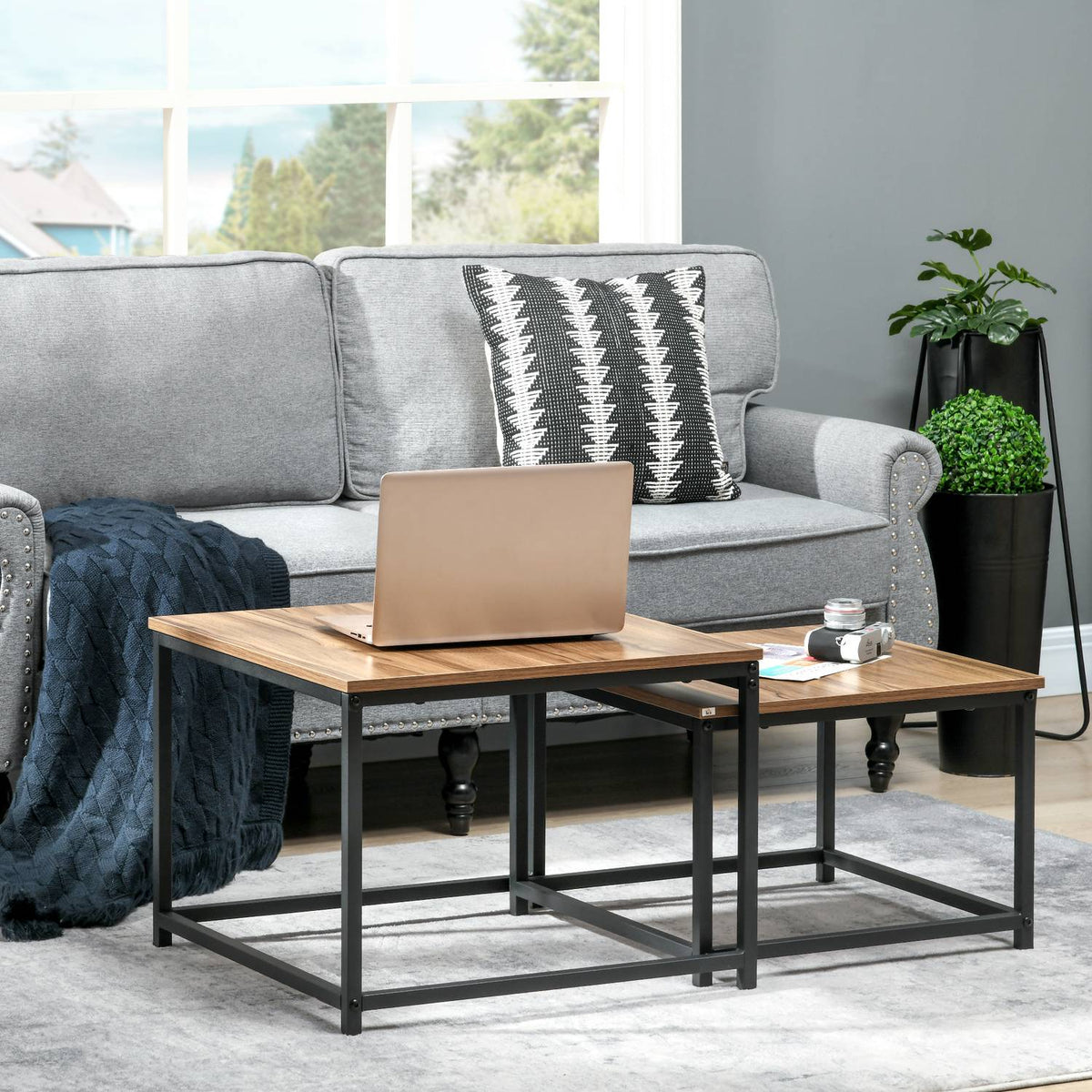 Coffee Table Set Of 2 Side Tables In Industrial Design, Living Room Table With Wood Look, Steel, Natural