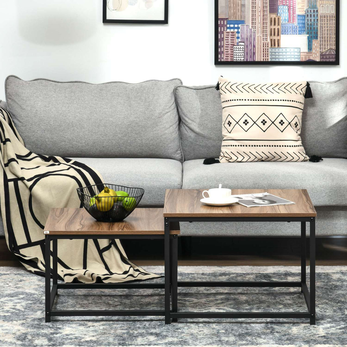 Coffee Table Set Of 2 Side Tables In Industrial Design, Living Room Table With Wood Look, Steel, Natural